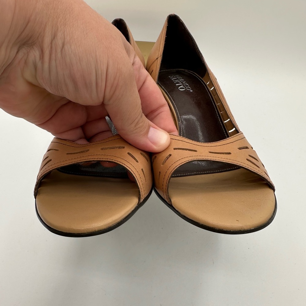 FRANCO SARTO Tan Cutout Leather Peep Toe Heels | Size 10 - Picture 8 of 11